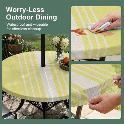 Outdoor Fitted Tablecloth with Umbrella Hole and Zipper, Yellow Beige Striped Elastic Round Patio Table Cover, Farmhouse Retro Lines Modern Windproof Table Protector for Backyard BBQ Party 31''-35''