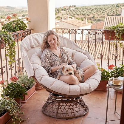 GTPLAYER Outdoor Wicker Egg Chair PE Rattan Chair with Cushion, Oversized Patio Lounge Chair with Canopy Papasan Chair 360° Swivel Base for Outdoor, Indoor, Balcony, Backyard, Garden, Beige