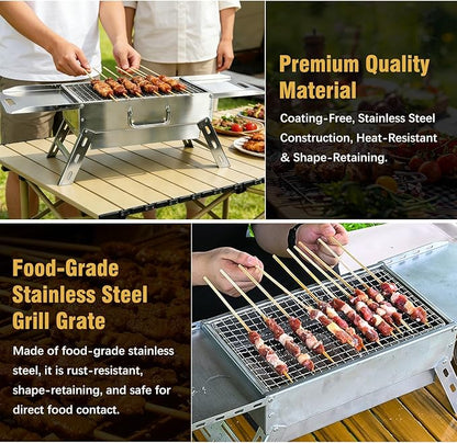 Portable Tabletop Charcoal Grill, Foldable Stainless Steel Mini BBQ Grill with Carry Bag, Lightweight Small Camping Picnic Travel Tailgating Patio Grill