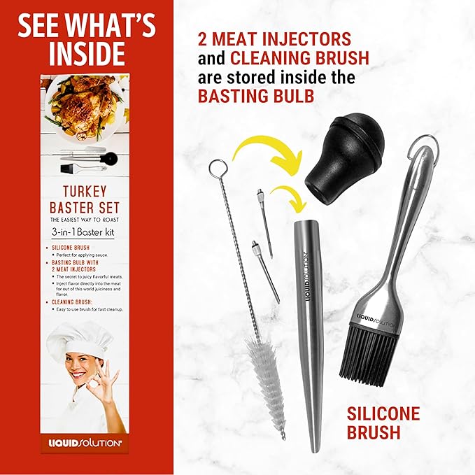 Liquid Solution Turkey Baster 5 Piece Set – Includes Baster for Cooking, Barbecue Basting Brush, 2 Flavor Injector with Cleaning Brush – Great Gift Idea for Thanksgiving