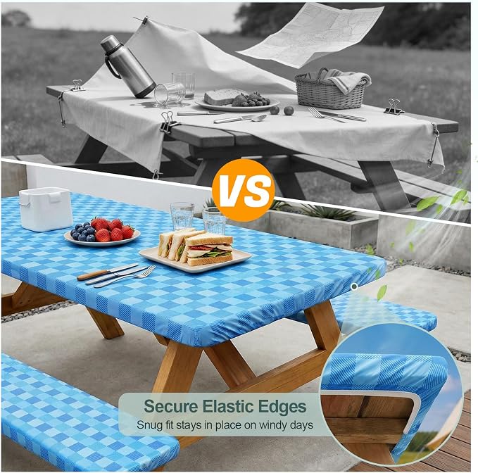 Picnic Table Cover with Bench Covers Camping Essentials Waterproof Windproof Camping Tablecloth with Drawstring Bag, Fitted Rectangle Tables and Seats, 72in, Blue | Waterproof Vinyl for Outdoor, Windproof Elastic Fitted Edges, RV BBQ Accessories Must H...