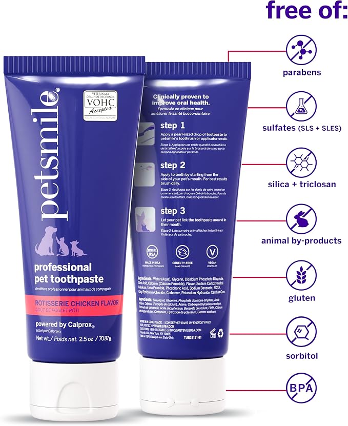 Petsmile Cat + Dog Dental Care Kit, Rotisserie Chicken 2.5 Oz | Toothpaste + 45° Patented Brush, VOHC Accepted, Calprox® Powered, Fights Plaque + Tartar, Remineralizes Teeth, 4-Month Supply