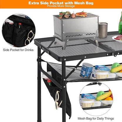 REDCAMP 48x24 Long Folding Grill Table for Outside, Lightweight Portable Double Layer Metal Aluminum Outdoor Grill Table with Adjustable Height Legs, Great for Camping Picnic Cooking BBQ, Black 4ft
