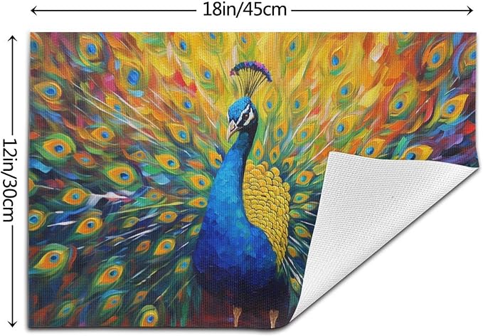 Beautiful Peacock Placemats Set of 4 Linen 12x18 Inch | Washable Heat-Resistant Cute Kitchen Table Mats for Dining Outdoor Farmhouse Holiday Home Decor