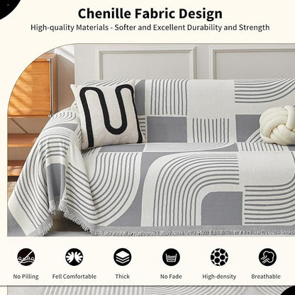 WEYOND Boho Couch Cover, Chenille Sofa Covers Washable, 71" x 102", Grey | Couch Covers for 3 Cushion Couch Sofa Pet Friendly, Bohemian Sofa Slipcovers for Sectional Sofa, Loveseat, 2 3 4 Seater