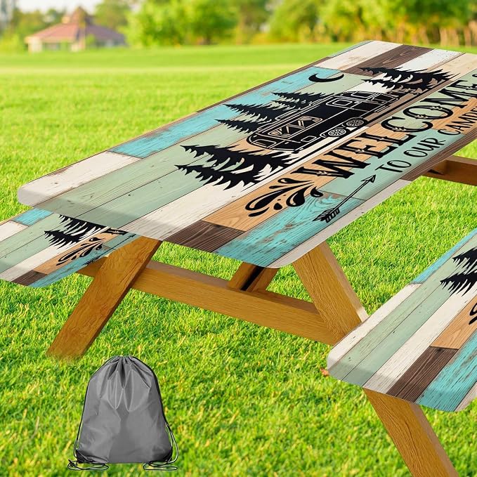JAWO Welcome to Our Camper Rustic Wood RV Picnic Table Cover with Bench Covers, Camper RV Essentials Gear Supplies Outdoor Waterproof Windproof Tablecloth with Elastic, 30X72in