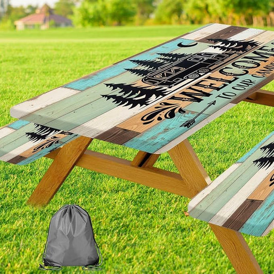 JAWO Welcome to Our Camper Rustic Wood RV Picnic Table Cover with Bench Covers, Camper RV Essentials Gear Supplies Outdoor Waterproof Windproof Tablecloth with Elastic, 30X72in