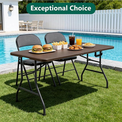 2 Pack 5ft Folding Table, Foldable Picnic Table with Carrying Handle, Heavy Duty Fold-in-Half Portable Table for Weddings, Camping, RV Travel, Parties, and Indoor Use, Easy to Fold and Store, Brown