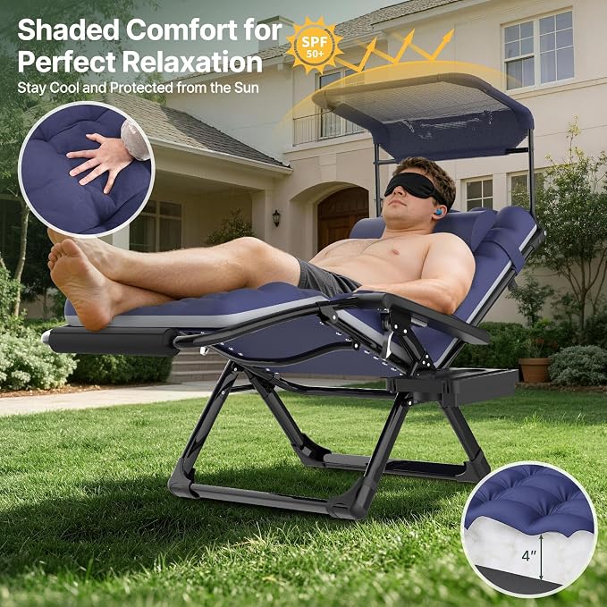 Suteck Zero Gravity Chair with Canopy,33In XXL Oversized Lounge Chairs | w/Removable Cushion&Headrest, Upgraded Lock and Footrest, Folding Reclining Patio Chairs Recliner for Indoor Outdoor