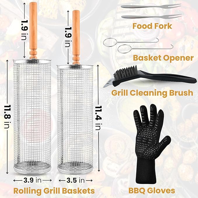 Rolling Grill Basket Fathers Day Gifts For Dad Removable Wooden Handle 304 Stainless Steel Nesting Smoker Net BBQ Grilling Accessories Tools Kebab Fish Vegetable Steamer Basket Camping Cooking Outdoor Kitchen Food Rotisserie Barbeque Cooking Grilling G...