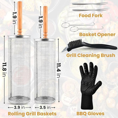 Rolling Grill Basket Fathers Day Gifts For Dad Removable Wooden Handle 304 Stainless Steel Nesting Smoker Net BBQ Grilling Accessories Tools Kebab Fish Vegetable Steamer Basket Camping Cooking Outdoor Kitchen Food Rotisserie Barbeque Cooking Grilling G...