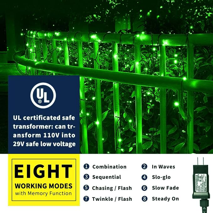 105FT 300 LED Christmas String Lights, End to End Plug 8 Modes | Christmas Lights UL Certified Outdoor Indoor Fairy Light Tree, Patio, Garden, Party, Wedding, Holiday (Green)