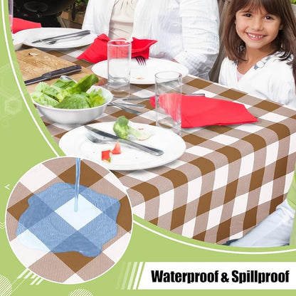 Smiry Picnic Table Cloth, Vinyl Tablecloths with Flannel Backing, 70"x108" | Waterproof Rectangle Table Cloth, Wipeable Buffalo Plaid Table Cover for Indoor and Outdoor (Brown & White)