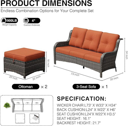 Joyside Outdoor Patio Couch Set, Outdoor Wicker Sofa with High Back, Deep Seating, Wide Armrest, Thickened Cushions, Patio Sofa for Deck, Porch Use