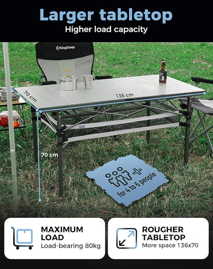 KingCamp Folding Camping Table, Portable Camp Table Foldable Aluminum Roll Up Seamless Desktop with Storage and Tall Legs for Outdoor Backyard Picnic