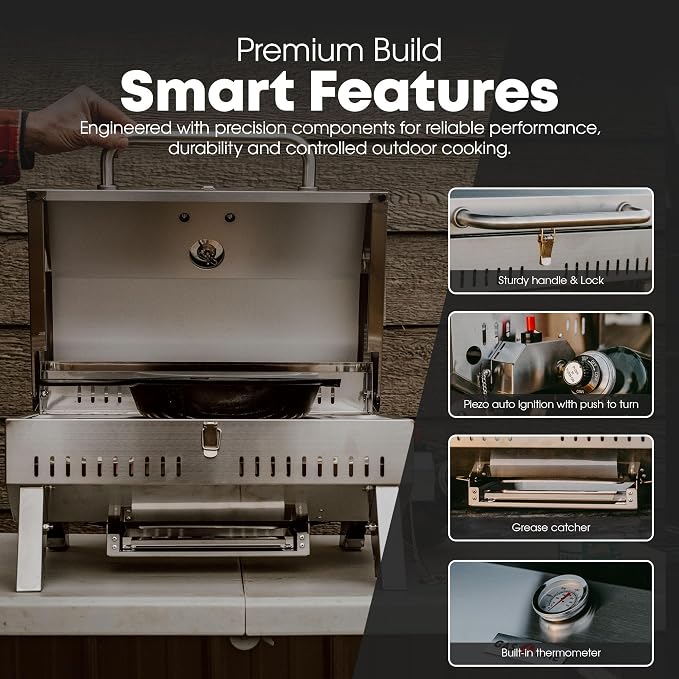 GasOne Portable Propane Grill – 18-inch Stainless Steel Tabletop Grill – Tabletop Gas Grill with Heat Control and Built-In Thermometer – Large Cooking Area – Ideal for Outdoor, Camping, Travel, RV