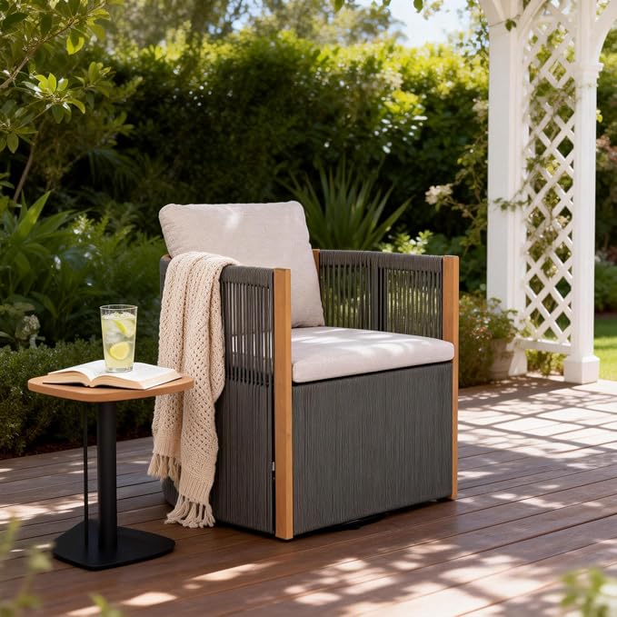 Christopher Knight Home Kato Outdoor Metal & Acacia Wood Frame Swivel Accent Chair with Removable Cushion, 360° Rotating Patio Armchair with Rope Accent, Outdoor Swivel Chair for Garden, Grey