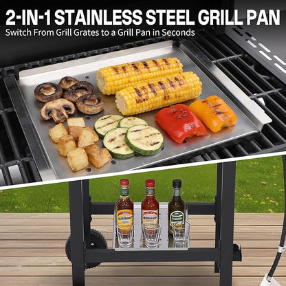 Propane Grill with Folding Side Tables, 4-Burner Gas Grill with Porcelain-Enameled Cast Iron Grates and Stainless Steel Grill Pan, 40,000 BTU BBQ Grill with Wheels for Outdoor Cooking