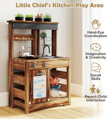INFANS Mud Kitchen, Outdoor Play Kitchen with Drawing Board, 4 Cups, Removable Sink, Storage, Cooking Accessories, Wooden Kids Kitchen Playset Gift for Boys Girls Ages 3+