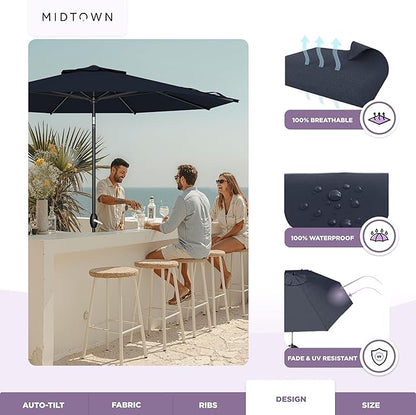 Midtown Umbrellas – The Lean 8 Ft Patio Umbrella with 10-Year-No-Fade Acrylast Acrylic Fabric, Auto-Tilt and 8 Reinforced Ribs for Deck, Pool, Garden, Hotel & Cafes – Harbor Navy Canopy, Black Pole