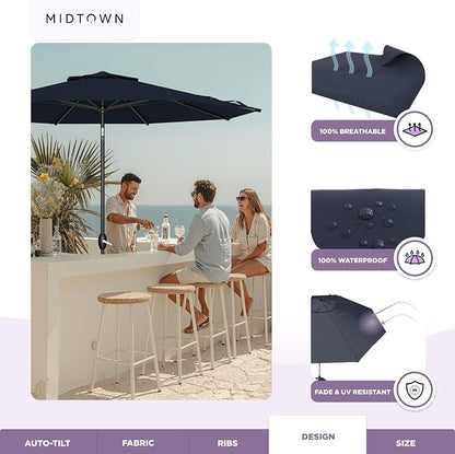 Midtown Umbrellas – The Lean 10 Ft Patio Umbrella with 10-Year-No-Fade Acrylast Acrylic Fabric, Auto-Tilt and 8 Reinforced Ribs for Deck, Pool, Garden, Hotel & Cafes – Harbor Navy Canopy, Black Pole