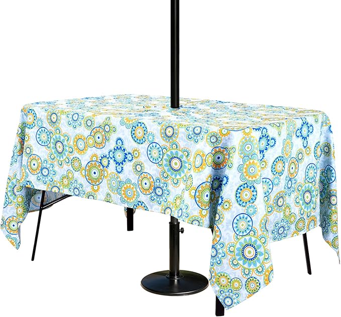 Poise3EHome 60X84 Outdoor Tablecloth with Umbrella Hole and Zipper, Spillproof Rectangle Patio Table Cloth for Camping, Picnic, Afternoon Tea, BBQ, Floral