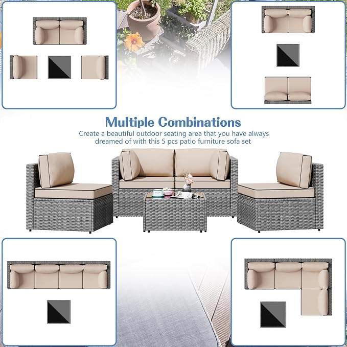 5 Piece Outdoor Patio Furniture Set,Silver PE Rattan Wicker Sectional Sofa, All Weather Conversation Set with Washable Cushions & Glass Coffee Table for Backyard Poolside Garden Porch,Khaki