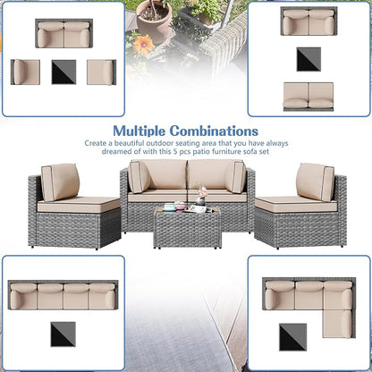 5 Piece Outdoor Patio Furniture Set,Silver PE Rattan Wicker Sectional Sofa, All Weather Conversation Set with Washable Cushions & Glass Coffee Table for Backyard Poolside Garden Porch,Khaki