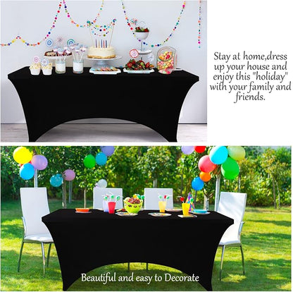 BDDC 8ft Black Stretch Spandex Fitted Table Cloth for 8 Foot Tables | GRS-Certified Eco-Friendly Fabric, Elastic Fit Rectangle Tablecloth, Washable, Wrinkle-Free, For Events & Parties