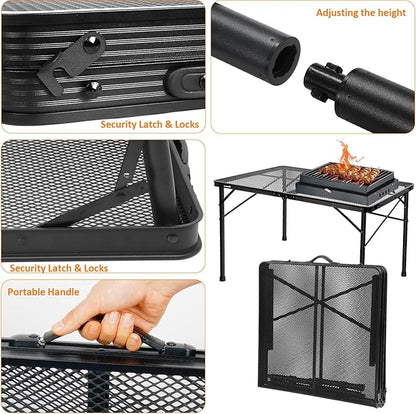 4 ft Folding Table with Metal Mesh Desktop, Grill Table Camping Table with Carry Handle,Adjustable Height (16.5" & 26"), Outdoor Table for Camp, Cooking, BBQ, RV, Picnic,Fits 4–8 People,Black