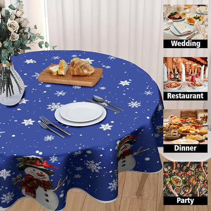 Sweetshow Xmas Snowman Blue Table Cloth Round Winter White Snowflakes Tablecloth 60 Inch Decor Washable Stain and Wrinkle Resistant Winter Round Table Cover for Dining Picnic