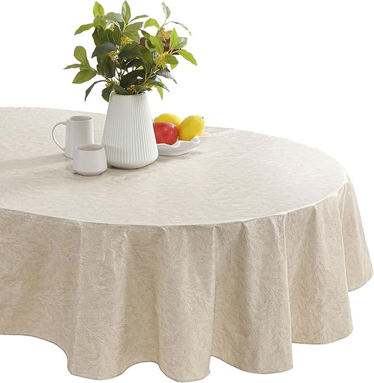 Newbridge Napa Leaf Taupe Vinyl Flannel Backed Tablecloth, 60 x 102 Inch Oval, Hotel Quality Waterproof Indoor Outdoor Table Cover for Kitchen, Patio, Dining, BBQ