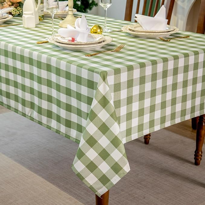 Green and White Gingham Tablecloth, Spring Plaid Waterproof Table Cover for Easter, Indoor Dining, Kitchen Table, Garden Picnic, Washable Rectangle Tablecloth for Home Use, W60 x L144 in