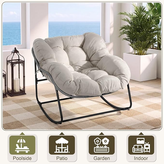 Bifanuo Oversized Egg Rocking Chair for Indoor/Outdoor – All-Weather Wicker Rattan Lounge Chair with Cushion, Patio Rocker for Porch, Garden, or Balcony (Classic Beige)