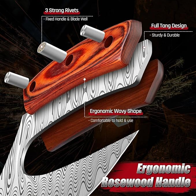 ROCOCO Pizza Cutter Ulu Knife – Full Tang Mezzaluna Rocker Chopper with Sheath for Kitchen, Camping, BBQ, Gifts Men Women