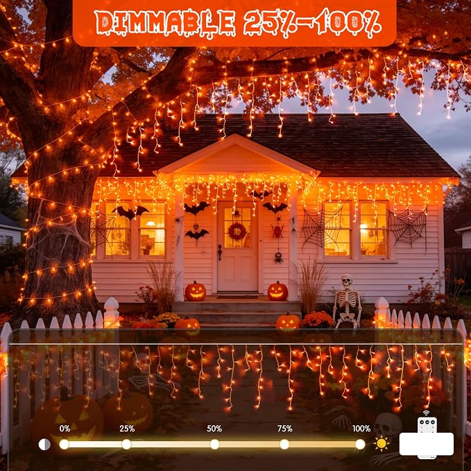 JMEXSUSS Orange Halloween Lights Outdoor, 38.8 FT 400 LED | Connectable Icicle Lights Waterproof, 8 Modes Strings Lights Plug in for Fireplace Patio Fall Halloween Decor