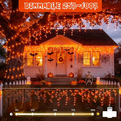 JMEXSUSS Orange Halloween Lights Outdoor, 38.8 FT 400 LED | Connectable Icicle Lights Waterproof, 8 Modes Strings Lights Plug in for Fireplace Patio Fall Halloween Decor