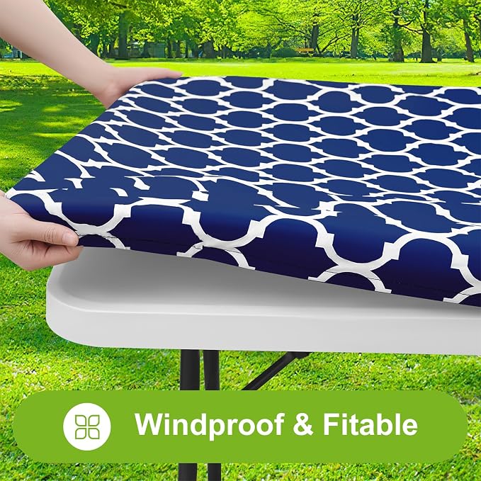 Smiry Picnic Fitted Table Cover, 8 Foot Flannel Backed Vinyl Tablecloth | Waterproof Elastic Stretch Table Cloth, Wipeable Plastic Tablecloth for Camping, Indoor & Outdoor (Navy, 36" x 96")