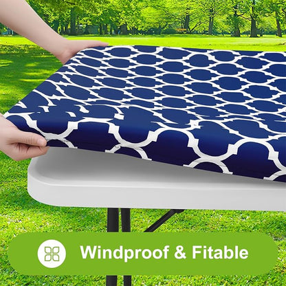 Smiry Picnic Fitted Table Cover, 5 Foot Flannel Backed Vinyl Tablecloth | Waterproof Elastic Stretch Table Cloth, Wipeable Plastic Tablecloth for Camping, Indoor & Outdoor (Navy, 36" x 60")