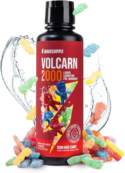 Volcarn 2000 L-Carnitine Liquid Energy, Sour Kids Candy, 32 Servings | Energy booster and ATP supplement with GBEEC; Enhances focus; Caffeine-free, no artificial sweeteners