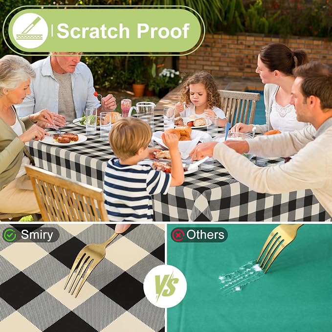 Smiry Picnic Table Cloth, Vinyl Tablecloths with Flannel Backing, 60"x84" | Waterproof Rectangle Table Cloth, Wipeable Buffalo Plaid Table Cover for Indoor and Outdoor (Black & Beige)