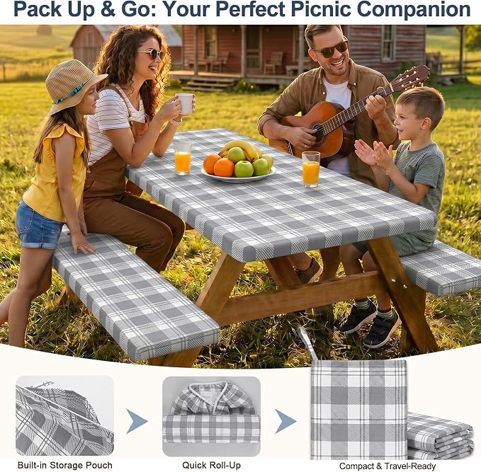 Picnic Table Cover with Bench Covers Windproof Waterproof Picnic Table Covers Camping Tablecloth with Self-Storage Bag, 72in, Light Grey