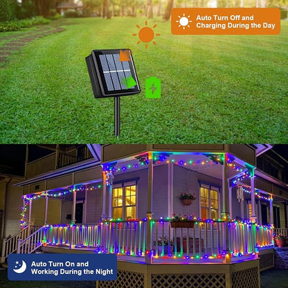 QITONG 2 Pack Multicolor Solar Christmas Lights, Each 33ft 100 LED String Lights Outdoor Waterproof, 8 Modes Green Wire Colored Solar Light for Outside Christmas Decorations