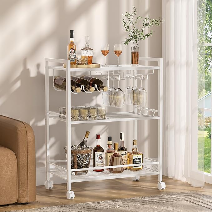Joaxswe Bar Cart,3-Tier Home Bar Serving Cart with Lockable Wheels,White | Microwave Cart,Mobile Kitchen Shelf,Rolling Beverage Cart with Wine Rack and Glass Holder for Kitchen,Dinning Room