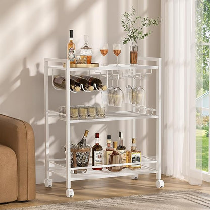 Joaxswe Bar Cart,3-Tier Home Bar Serving Cart with Lockable Wheels,White | Microwave Cart,Mobile Kitchen Shelf,Rolling Beverage Cart with Wine Rack and Glass Holder for Kitchen,Dinning Room