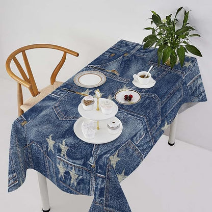 Denim Patchwork Style Tablecloth, Fashionable Blue Denim Jean Pocket Design Water Resistant Wipeable Table Cover for Farmhouse Picnic Party Holiday Kitchen Dinner Table 60"x110"