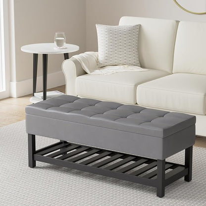 SIMPLIHOME Cosmopolitan Storage Ottoman Bench - 44 inch Wide Upholstered Vegan Leather Rectangle Storage Ottoman in Stone Grey, Transitional Bench for Bedroom with Tufted Lift-Top and Open Shelf