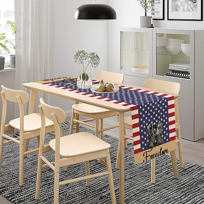 Stripes Stars Boots Freedom Memorial Day Patriotic 4th of July Table Runner, Independence Day Holiday Farmhouse Burlap Indoor Kitchen Dining Patriotic Independence Table Decor Home Party 13x60 Inch