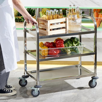 Stainless Steel Serving Trolley, 30" L x 16" W x 33" H 3 Tiered Shelf Kitchen Utility Cart, Rolling Casters Brake Wheel, Commercial Pro for Restaurant/Hotel/Lab/Clinic/Salon/Workshop
