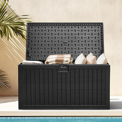 DWVO 260 Gallon Resin Outdoor Storage Box, XXL Double-Wall Waterproof Deck Box with Divider, Doubles as Table or Seating with 1000 lbs Capacity, Lockable (Black)